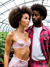 A rugged black man in an afro haircut looks confused among lush greenery surrounded by the woman