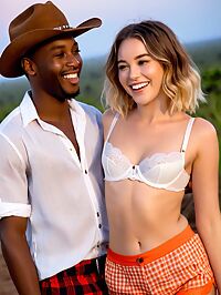 A frizzy haired black man and blonde woman enjoy early morning on Zanzibar Island